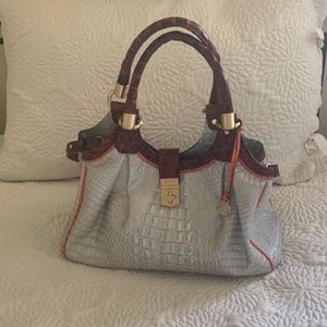 Brahmin Silver Celia Bag with Pecan trim and orange piping.
